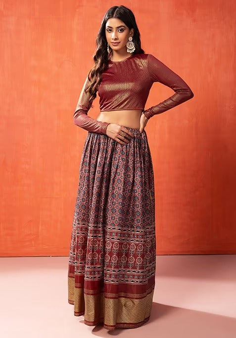 🌻 Navrang ~ Ajrakh Skirt and Dupatta Set ~ Red, Indigo & White