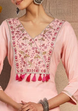 Indya Blush Pink Embroidered Neck Rayon A-Line Kurta Large Size (Only Kurta )