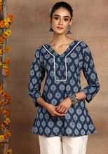 Indya Indigo Blue Floral Print Cotton Short Peplum Kurta  (Only Kurta)