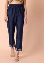 Indya Navy Poly Silk Fitted Pants  Large Size