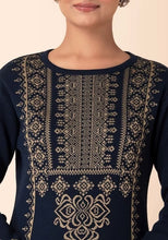 Indya Navy Geometric Yoke Woollen Kurta Large Size