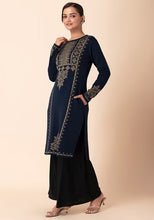 Indya Navy Geometric Yoke Woollen Kurta Large Size