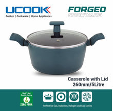 UCOOK by United Ekta Group Non-Stick Forged Aluminium Induction Casserole with Glass Lid 5 Litre, Green Finish.