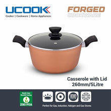 UCOOK by United Ekta Engg. Non-Stick Forged Aluminium Induction Casserole with Glass Lid 5 Litre, Black and Gold Spatter Finish