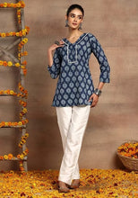 Indya Indigo Blue Floral Print Cotton Short Peplum Kurta  (Only Kurta)