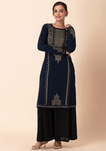 Indya Navy Geometric Yoke Woollen Kurta Large Size