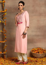 Indya Blush Pink Embroidered Neck Rayon A-Line Kurta Large Size (Only Kurta )