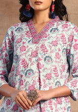 Indya Light Grey Floral Print V-Neck Cotton Kurta (Only Kurta)