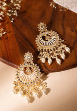 Indya Gold Finish Kundan And White Bead Floral Chandbali Earrings