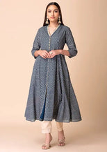 Indya Teal Blue Ajrakh Foil Print Front Slit Kurta L Blue (only Kurta )