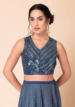Indya Dark Blue Striped Sequin Embroidered Blouse XL Size (Blouse Only )