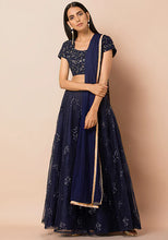 Indya Navy Gold Lace Border Net Dupatta