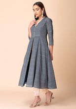Indya Teal Blue Ajrakh Foil Print Front Slit Kurta L Blue (only Kurta )