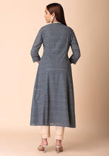 Indya Teal Blue Ajrakh Foil Print Front Slit Kurta L Blue (only Kurta )