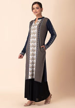 Indya Grey Abstract Motif Collared Woollen Kurta Large Size