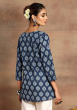 Indya Indigo Blue Floral Print Cotton Short Peplum Kurta  (Only Kurta)