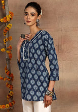 Indya Indigo Blue Floral Print Cotton Short Peplum Kurta (Only Kurta)