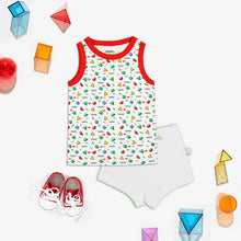 Super Bottoms Game of Shapes- Top and shorts set with a slight color bleed 2-4 years