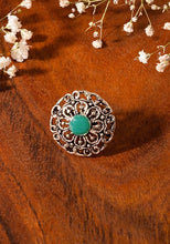 Indya Silver Oxidised Green Stone Ring