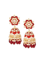 Indya Gold Finish Meenakari And Red Bead Floral Jhumka Earrings