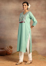 Indya Sage Green Embroidered Neck Rayon A-Line Kurta (Only Kurta)