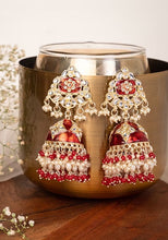 Indya Gold Finish Kundan And Red Stone Floral Jhumka Earrings