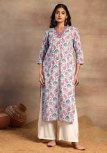 Indya Light Grey Floral Print V-Neck Cotton Kurta (Only Kurta)