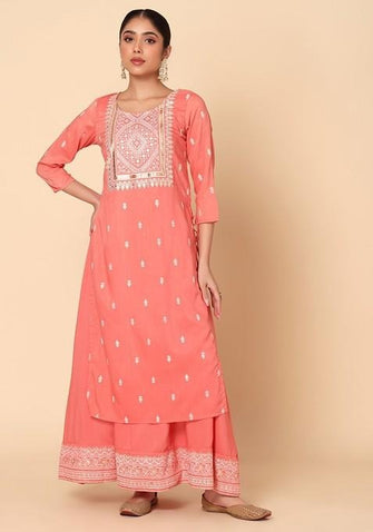 Indya Peach Foil Print Double Layered Muslin Kurta (Medium)