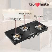 trumate Truflame 3 Burner Glass Top Gas Stove with Brass Burners, Toughened Glass & 360° Swivel Nozzle