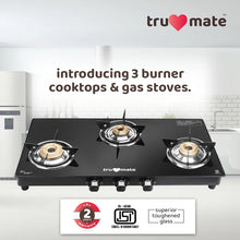 trumate truflame G3BMJ 1605 – 3 Burner Black Glass Top Gas Stove with Jumbo Brass Burner & 360° Swivel Nozzle