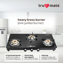 trumate truflame G3BMJ 1605 – 3 Burner Black Glass Top Gas Stove with Jumbo Brass Burner & 360° Swivel Nozzle