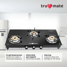 trumate truflame G3BMJ 1605 – 3 Burner Black Glass Top Gas Stove with Jumbo Brass Burner & 360° Swivel Nozzle