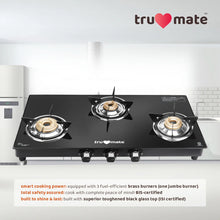 trumate truflame G3BMJ 1605 – 3 Burner Black Glass Top Gas Stove with Jumbo Brass Burner & 360° Swivel Nozzle