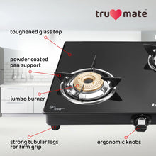 trumate truflame G3BMJ 1605 – 3 Burner Black Glass Top Gas Stove with Jumbo Brass Burner & 360° Swivel Nozzle