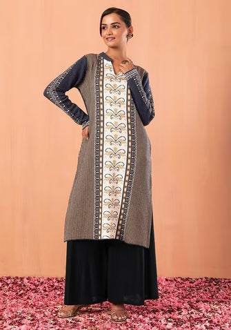 Indya Grey Abstract Motif Collared Woollen Kurta Large Size 