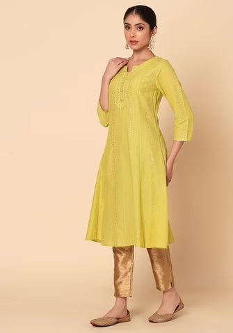 Indya Lime Green Sequin And Thread Embroidered Muslin A-Line Kurta Large Size ( Only Kurta )