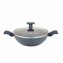 UCOOK by United Ekta Group Non-Stick Forged Aluminium Induction Kadhai Teal Blue Soft Handles 260mm/3Litre with Glass Lid