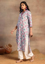 Indya Light Grey Floral Print V-Neck Cotton Kurta (Only Kurta)