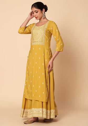 Indya Mustard Yellow Foil Print Double Layered Muslin Kurta (Medium) Only Kurta