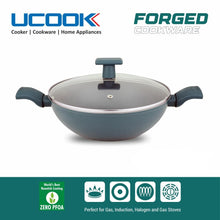 UCOOK by United Ekta Group Non-Stick Forged Aluminium Induction Kadhai Teal Blue Soft Handles 260mm/3Litre with Glass Lid