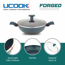 UCOOK by United Ekta Group Non-Stick Forged Aluminium Induction Kadhai Teal Blue Soft Handles 260mm/3Litre with Glass Lid