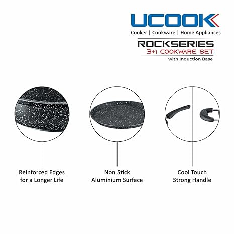 Ucook COOKWARE- UCOOK ROCK SERIES NS SET 3+1PCS(DEEP KADHAI+FRYPAN+TAVA+1GLASS LID)
