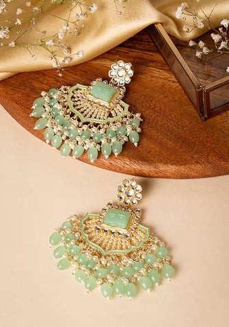 Indya Gold Finish Mint Green Stone Chandbali Earrings