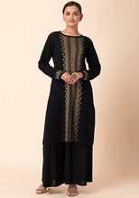 Indya Black And Beige Geometric Panel Woollen Kurta Medium Size 