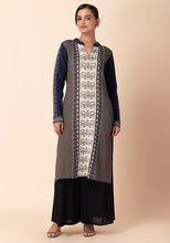 Indya Grey Abstract Motif Collared Woollen Kurta Large Size 