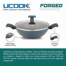 UCOOK by United Ekta Group Non-Stick Forged Aluminium Induction Kadhai Teal Blue Soft Handles 260mm/3Litre with Glass Lid