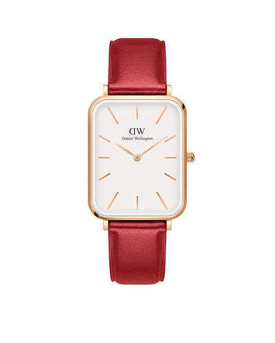 Daniel Wellington Quadro Analog Watch for Women with White Rectangle Dial & Cherry Blush Red Leather Strap Band Water Resistant Women's Wrist Watches - DW00100453