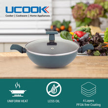 UCOOK by United Ekta Group Non-Stick Forged Aluminium Induction Kadhai Teal Blue Soft Handles 260mm/3Litre with Glass Lid