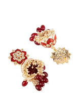 Indya Gold Finish Meenakari And Red Bead Floral Jhumka Earrings