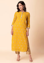 Indya Mustard Yellow Mughal Foil Print Straight Kurta (Small) Only Kurta